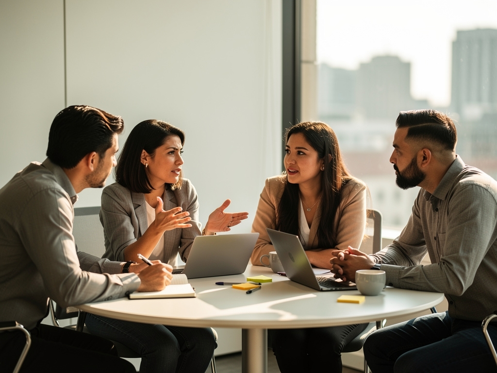 Grupo diverso de personas en conversación activa sobre aprendizaje y desarrollo en sala moderna