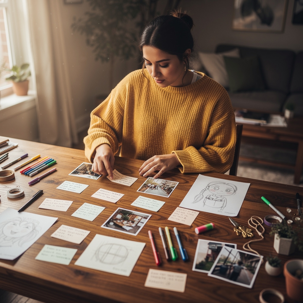 Mujer joven construyendo su identidad profesional con materiales creativos en mesa de trabajo