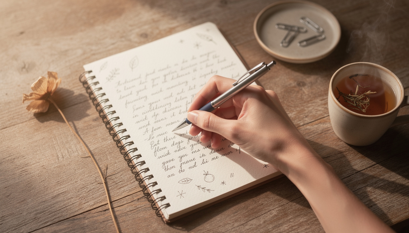 Mano escribiendo en cuaderno de reflexión personal sobre mesa de madera con planta y luz de ventana