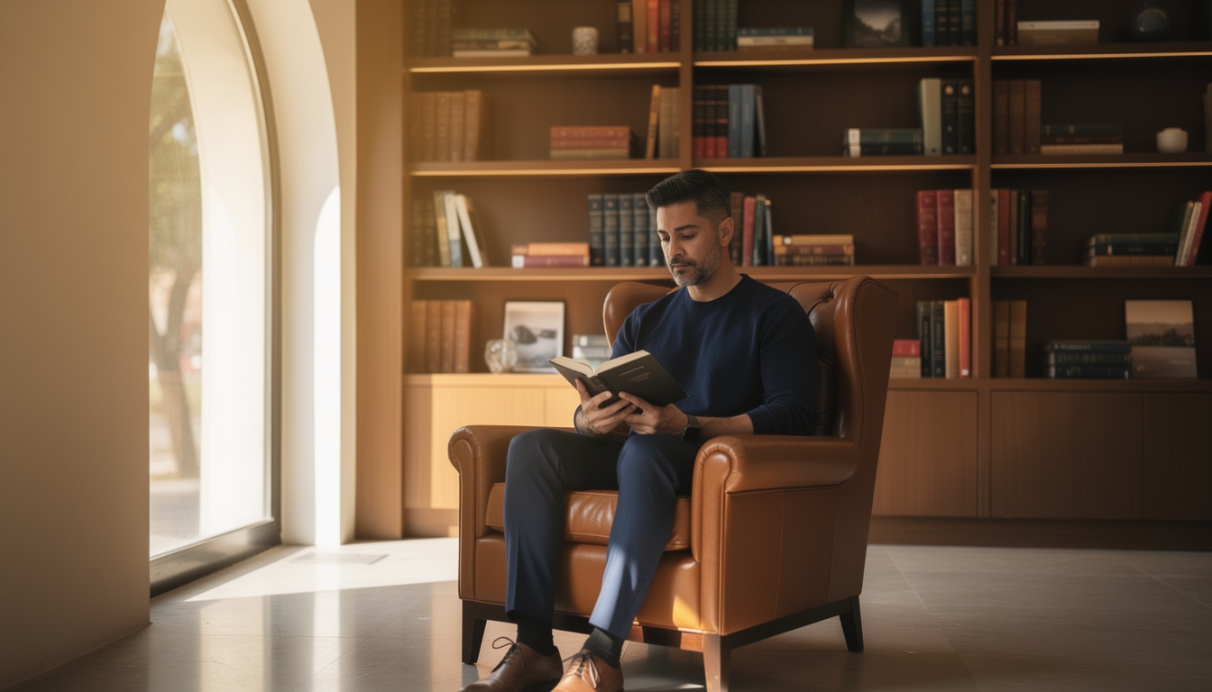 Persona leyendo en biblioteca contemporánea con luz natural cálida, rodeada de libros seleccionados