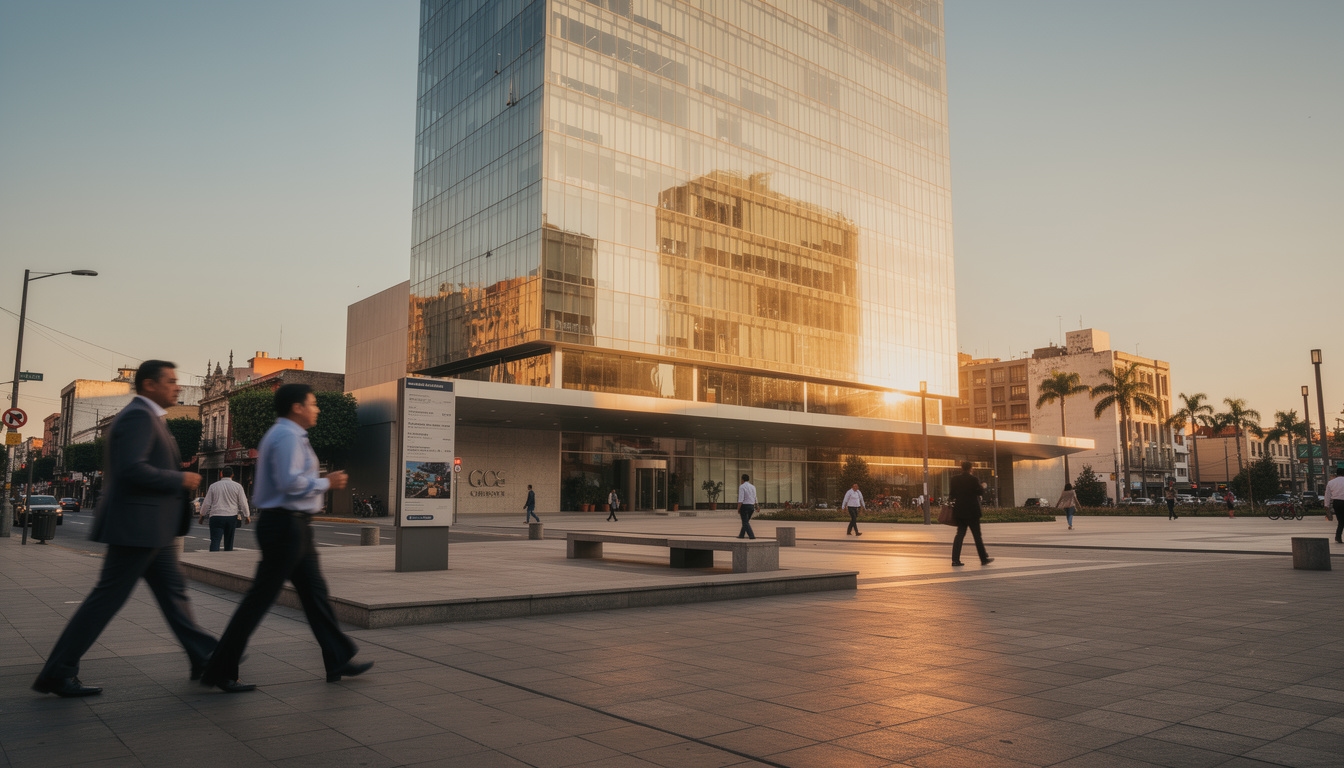 Vista panorámica de ciudad moderna con profesionales en movimiento, simbolizando un mundo en cambio constante